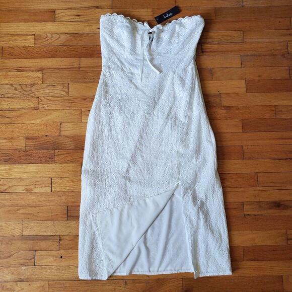 Lulus Embroidered Eyelet Empire Waist Strapless Midi Dress NEW Coquette Cottage - Picture 1 of 16
